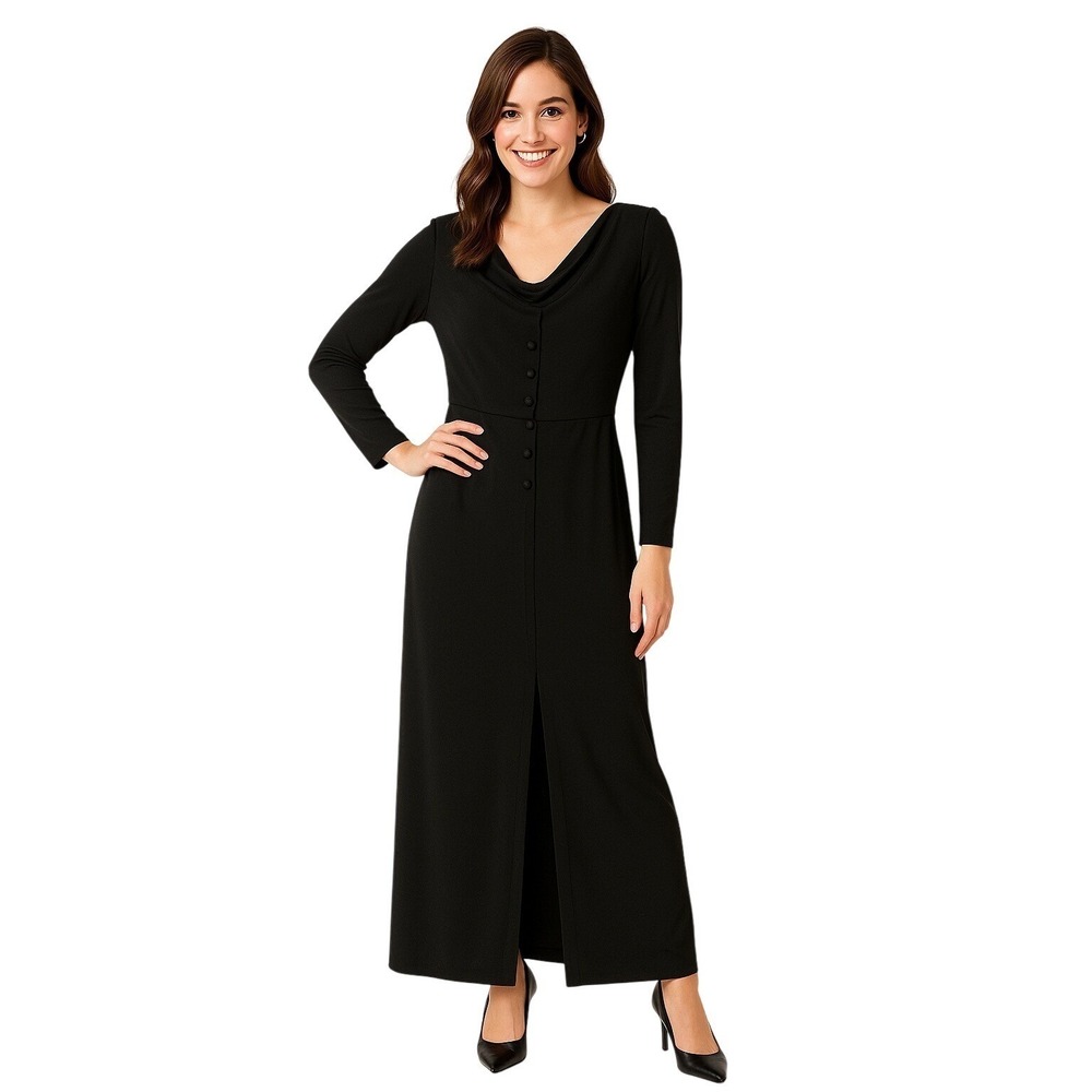 Jones New York Evening Dress 8 Black LBD Draped Neck Long Sleeves Elegant Formal